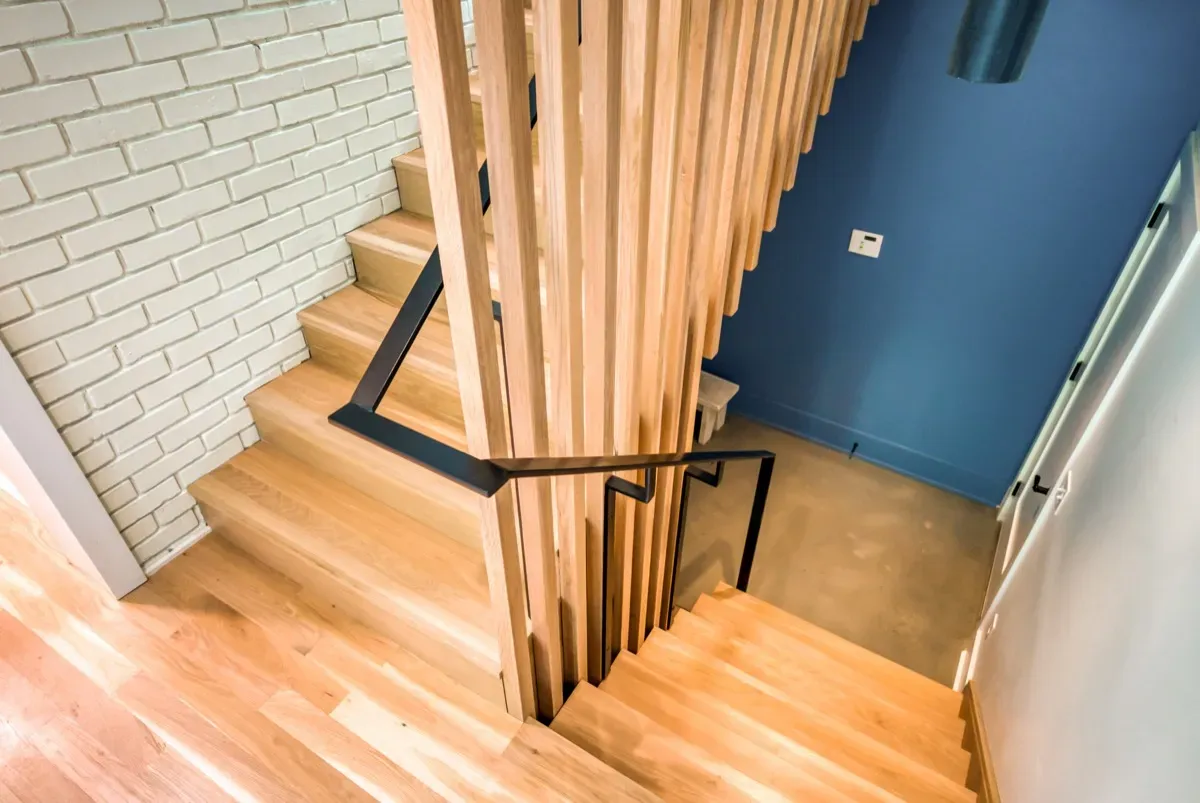 Hardwood Staircase — Top-Down View with Wood Slats